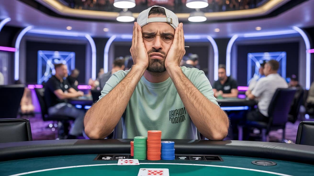 Muškarac sa ka?ketom unazad sedi za poker stolom, drži lice u rukama i izgleda razo?arano dok ispred sebe ima gomilu žetona i otvorene karte.