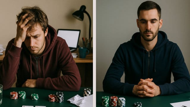 Dva igra?a pokera sede za stolom, jedan izgleda frustrirano dok se drži za glavu, a drugi deluje smireno i fokusirano, sa uredno složenim žetonima ispred sebe.
