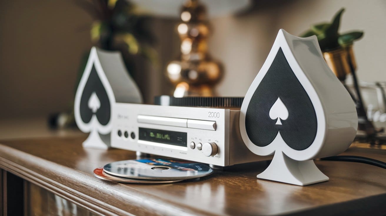 Srebrni muzi?ki sistem sa zvu?nicima u obliku simbola pika, na drvenom stolu sa diskom ispred plejera u elegantnom enterijeru.