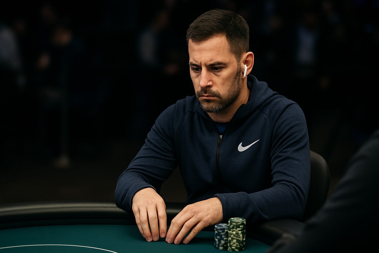 Igra? pokera u tamnoplavoj dukserici nosi beži?ne slušalice i pažljivo posmatra karte i žetone ispred sebe.