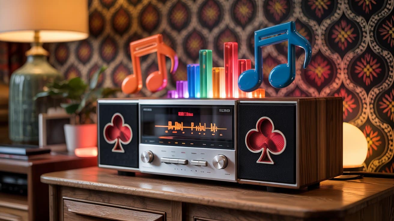 Retro muzi?ki sistem sa drvenim okvirima i svetle?im notama u boji iznad zvu?nika ukrašenih simbolom trefa, u živopisnoj sobi sa lampom i tapetom.