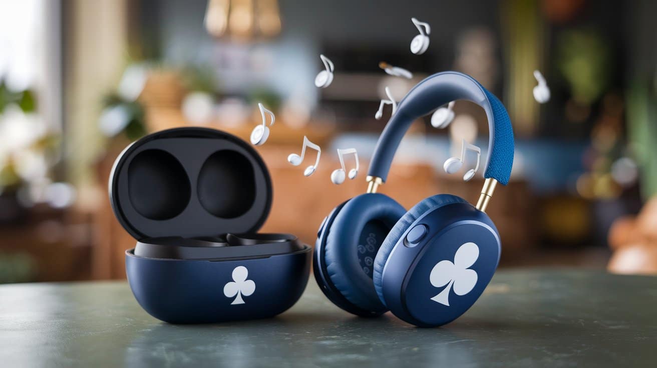 Moderne beži?ne slušalice plave boje sa simbolom trefa, pored otvorene kutije i lebde?ih belih muzi?kih nota u pozadini.