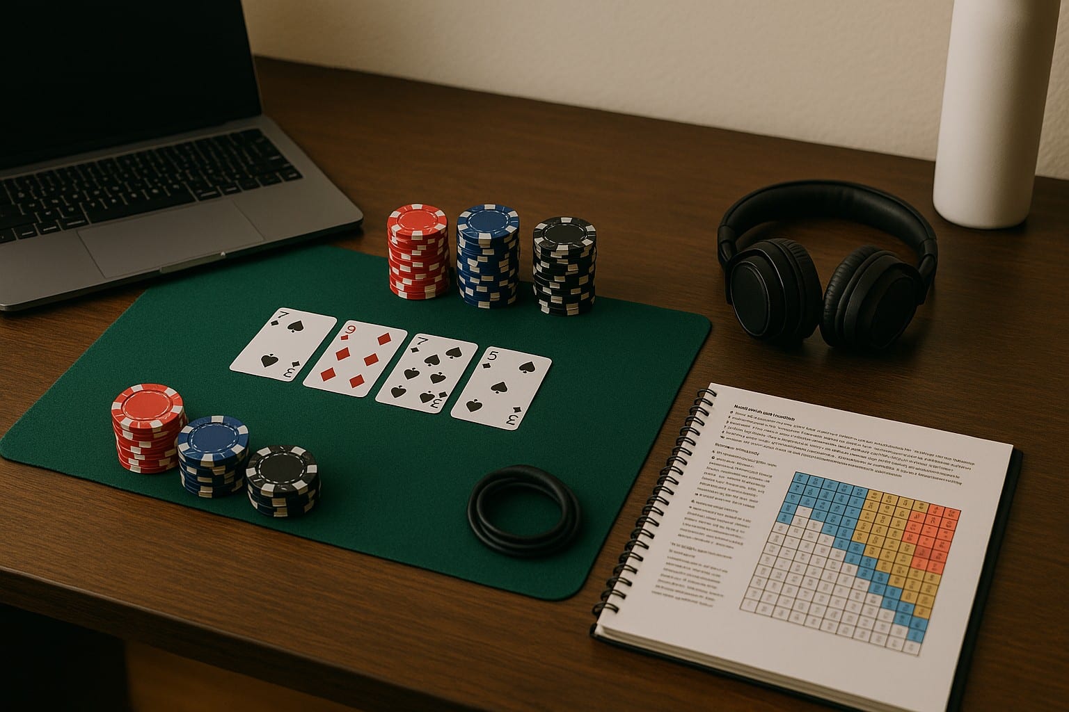 Poker sto sa raspore?enim kartama i žetonima, laptopom, slušalicama i otvorenom beležnicom sa strategijskim dijagramima, simbolizuju?i analiti?ki pristup igri.