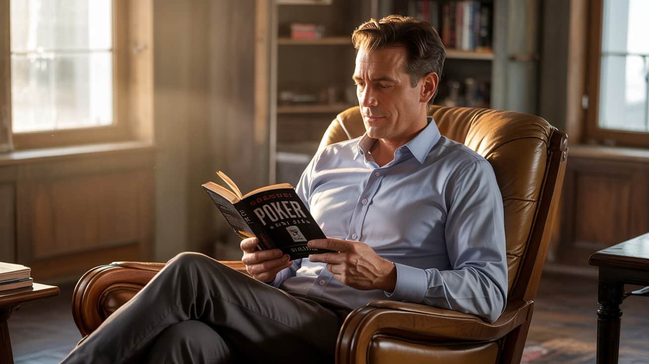 Muškarac sedi u fotelji pored prozora i ?ita knjigu o pokeru, okružen toplim svetlom i mirnom atmosferom sobe.