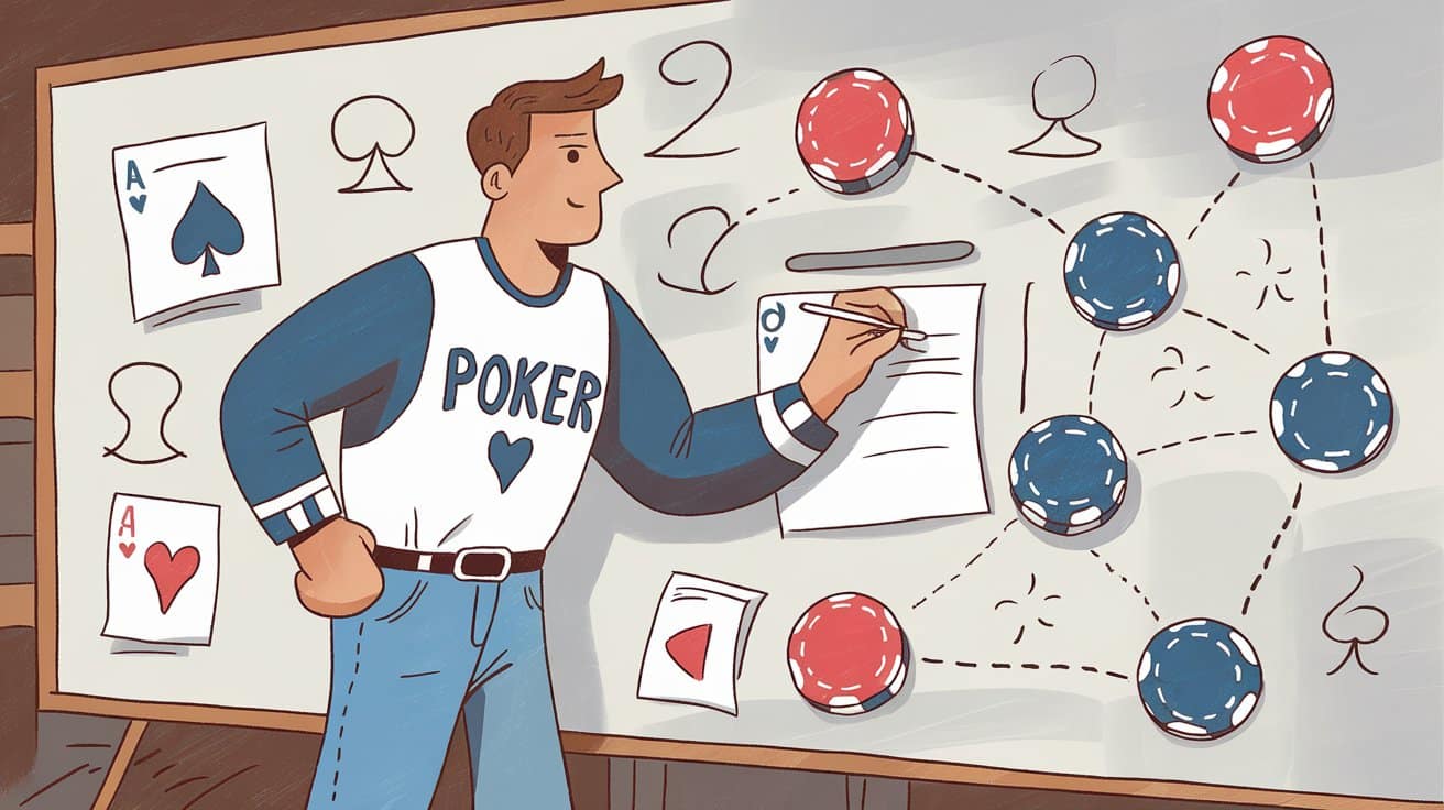 Poker igra? piše beleške ispred table sa strategijskim dijagramom punim žetona i karata.