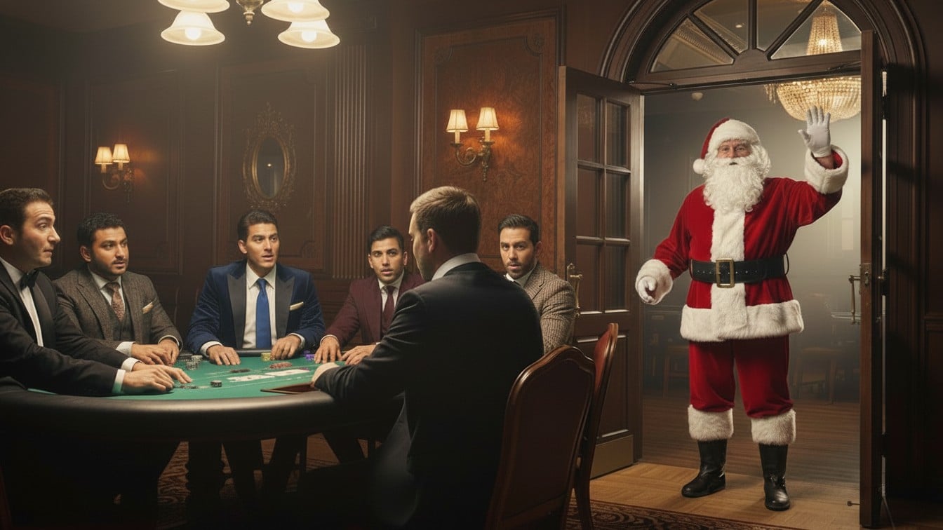 Deda Mraz ulazi u luksuznu poker salu dok igra?i u elegantnim odelima sede za stolom i iznena?eno ga posmatraju.