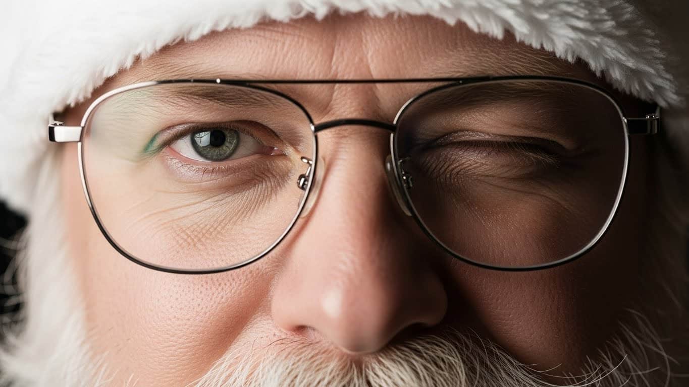 Krupni plan lica Deda Mraza sa nao?arima, jednim okom zatvorenim, fokusiran i samouveren pogled.