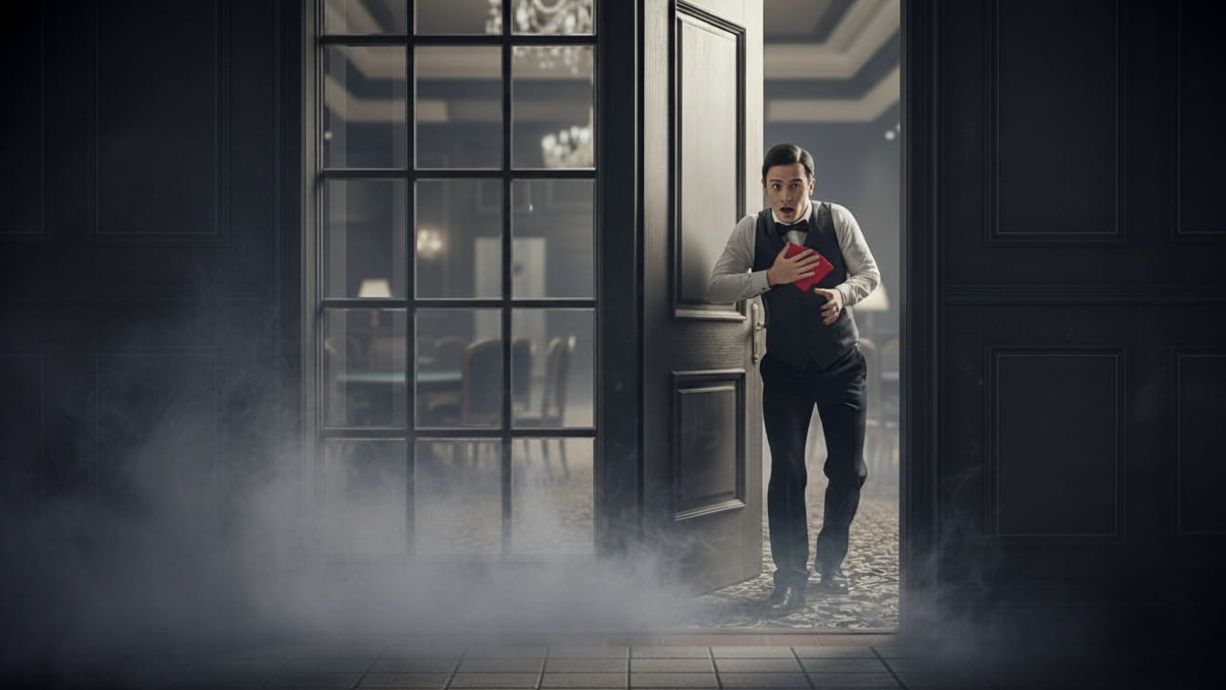 Konobar ulazi u prostoriju sa kartama u ruci, okružen maglom i dramati?nim osvetljenjem, atmosfera napetosti.