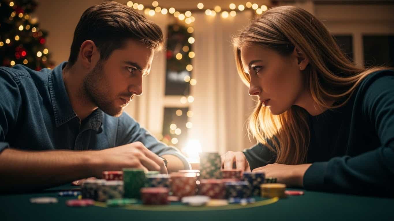 Brat i sestra sede jedno naspram drugog za poker stolom, intenzivan pogled i prazni?na rasveta u pozadini.