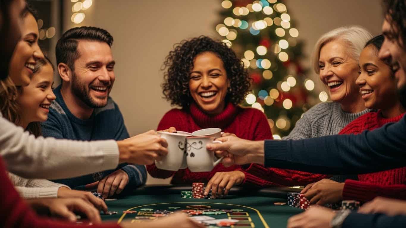 Grupa igra?a nazdravlja šoljama toplog napitka tokom boži?ne poker partije, jelka osvetljena u pozadini.