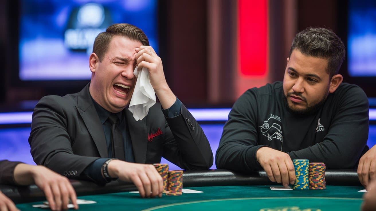 Poker igra? za stolom briše suze maramicom, dok protivnik mirno posmatra žetone tokom partije.