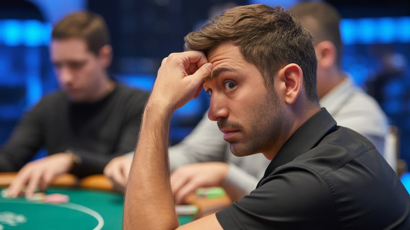 Poker igra? zamišljeno drži ruku na ?elu, pokušavaju?i da kontroliše emocije za stolom.