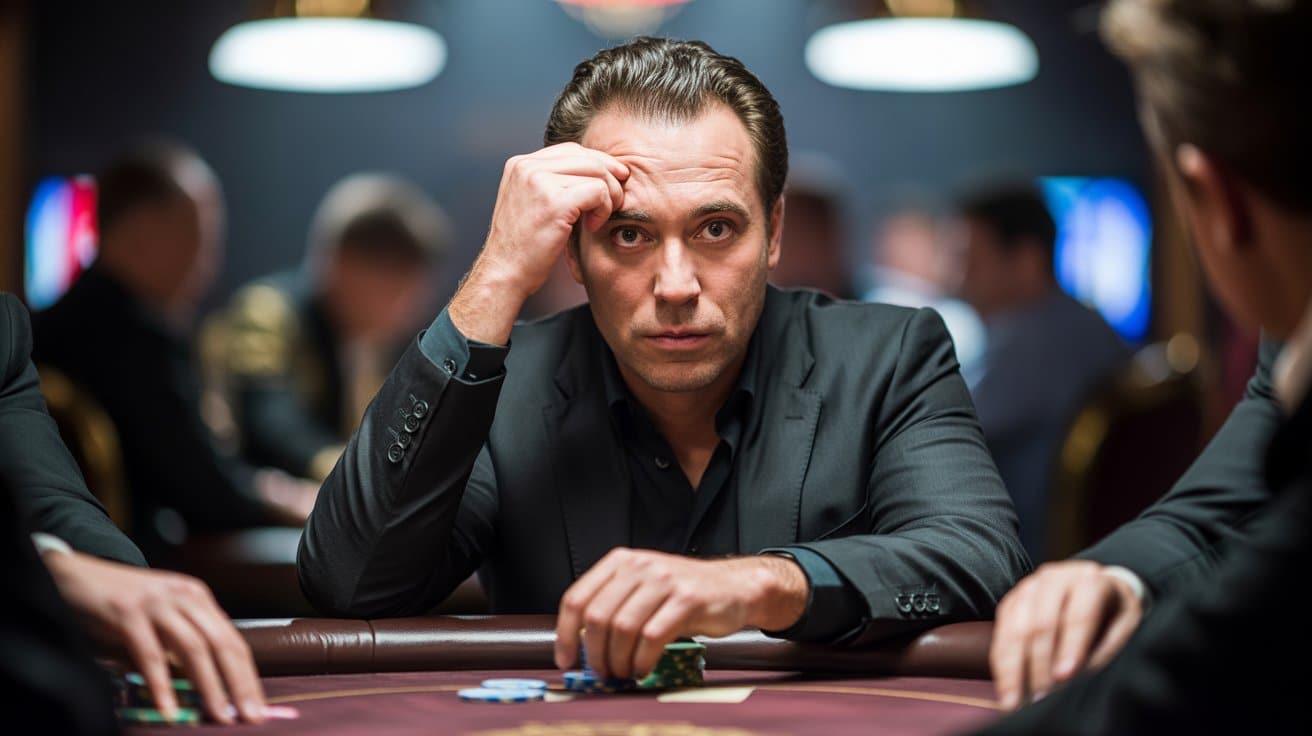 Ozbiljan poker igra? gleda pravo ispred sebe sa rukom na ?elu, fokusiran tokom napete ruke.