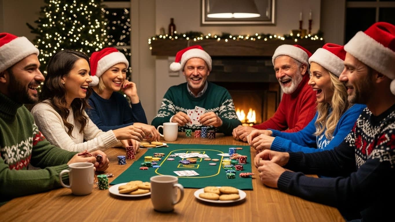 Grupa prijatelja u boži?nim džemperima i kapama igra poker za stolom, uz kamin, kola?i?e i prazni?nu atmosferu.