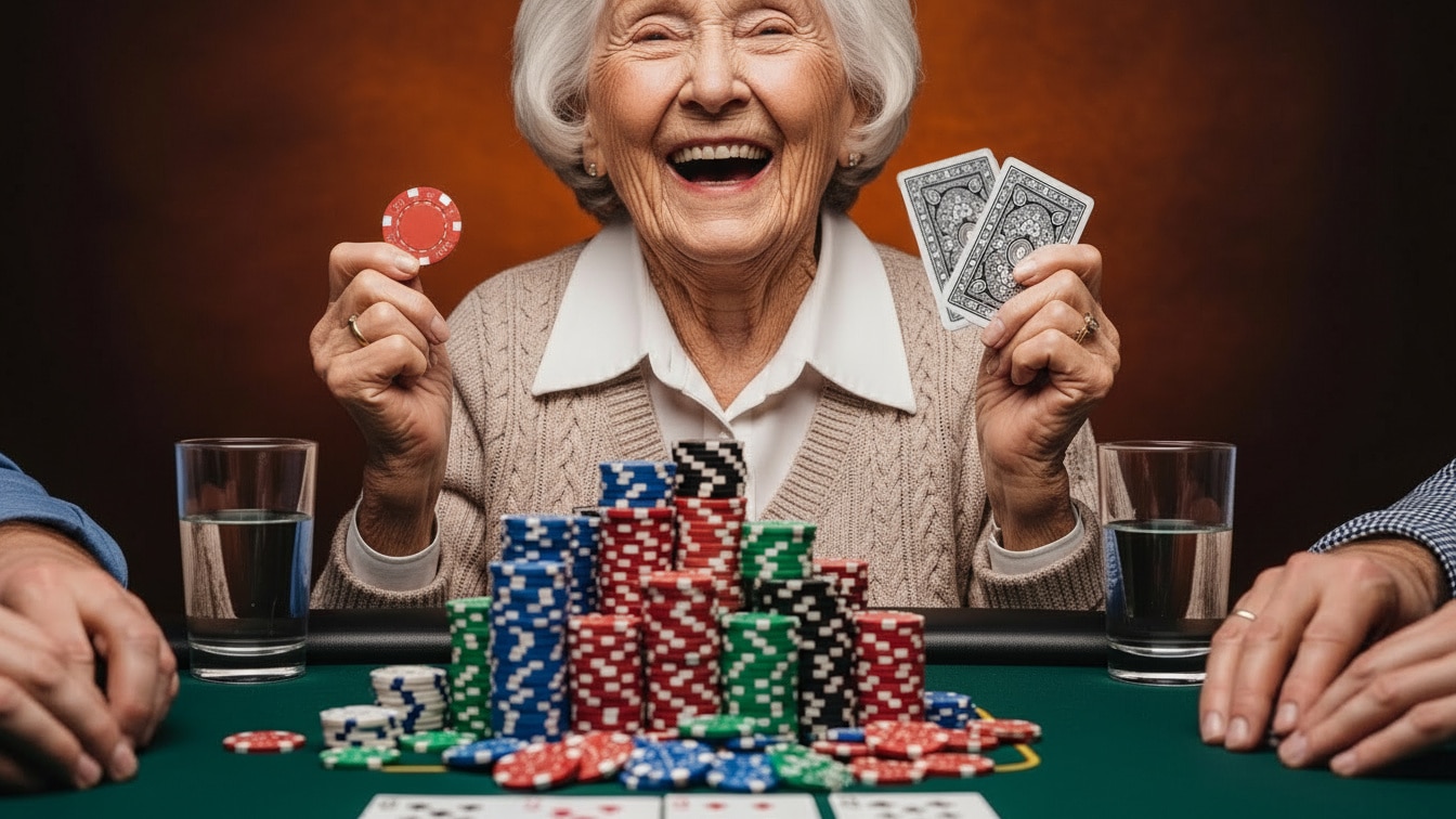 Starija žena se smeje dok drži poker karte i žeton, velika gomila žetona ispred nje na stolu.