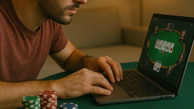 Muškarac sedi za stolom i igra poker na laptopu, fokusirano gleda u ekran dok su ispred njega žetoni razli?itih boja.