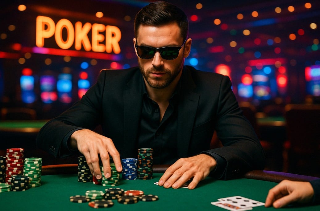 Igra? u crnom odelu i nao?arima za sunce sedi za poker stolom u kasinu, okružen žetonima i šarenim svetlima pozadine.