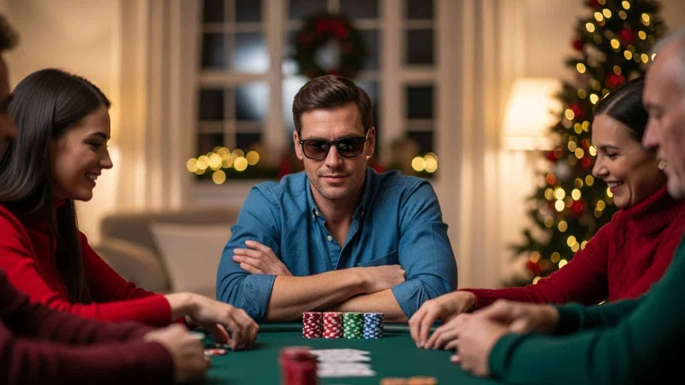 Samouveren poker igra? sa nao?arima sedi za stolom tokom boži?ne ve?eri, ostali igra?i oko njega prate igru.