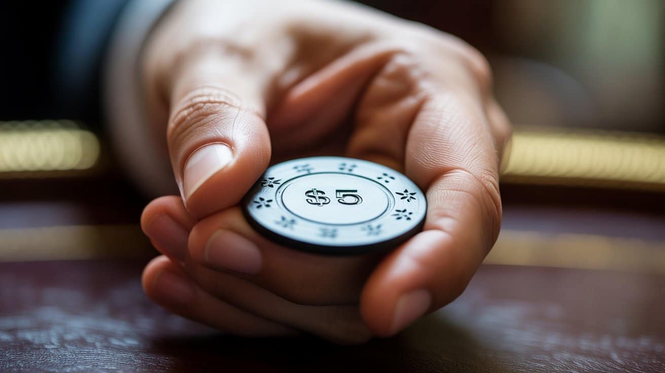 Krupan plan ruke koja drži poker žeton od 5 dolara iznad poker stola.