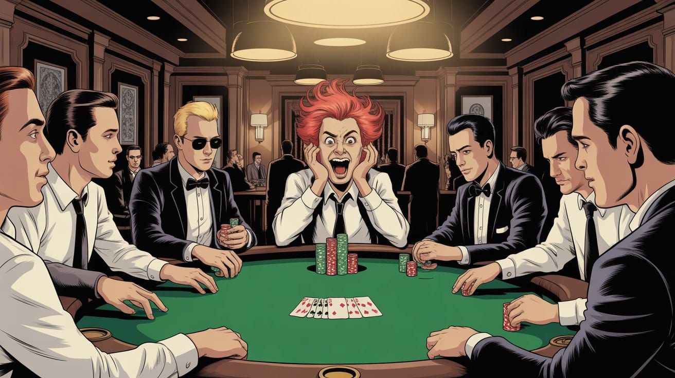 Haoti?na scena za poker stolom, centralni igra? vrišti dok ostali igra?i posmatraju napetu situaciju.