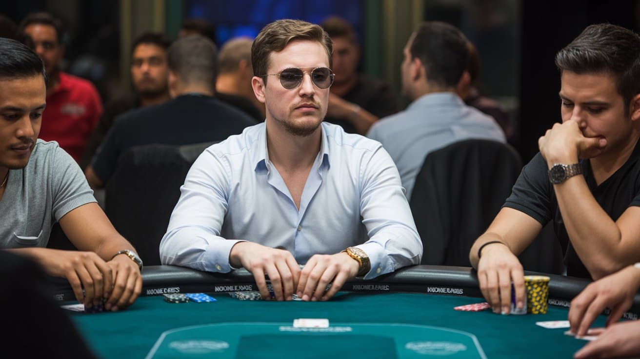 Poker igra? sa sun?anim nao?alama sjedi za stolom okružen protivnicima, koncentrisan na igru.