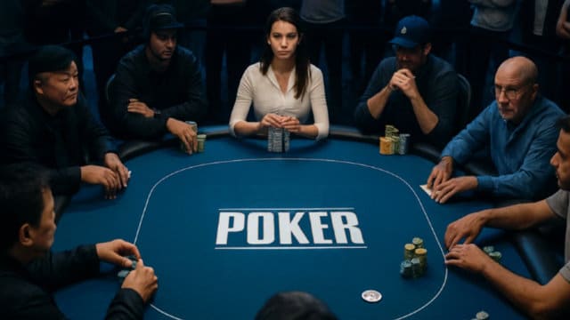 Poker stol sa više igra?a i jednom igra?icom u centru, naglašena dinamika turnirske igre.