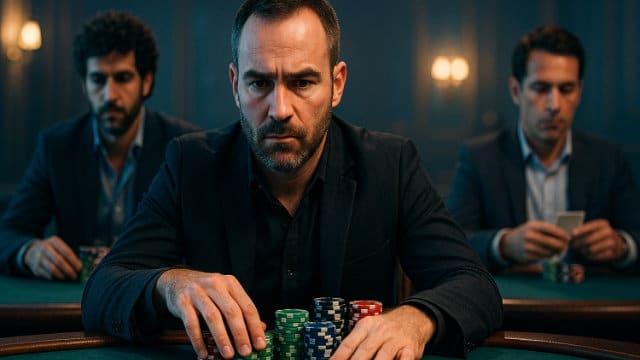 Poker igra? razmišlja o potezu dok slaže ?ipove, uz protivnike koji prate akciju za stolom.
