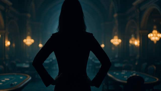 Silueta poker igra?ice u elegantnom enterijeru kazina, simbol samopouzdanja i kontrole za stolom.