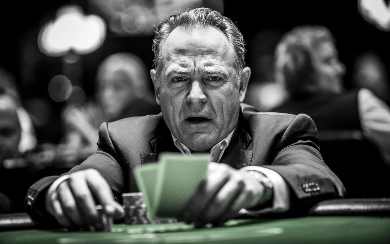 Iskusni poker igra? u crno-bijeloj fotografiji pažljivo gleda svoje karte za zelenim poker stolom.