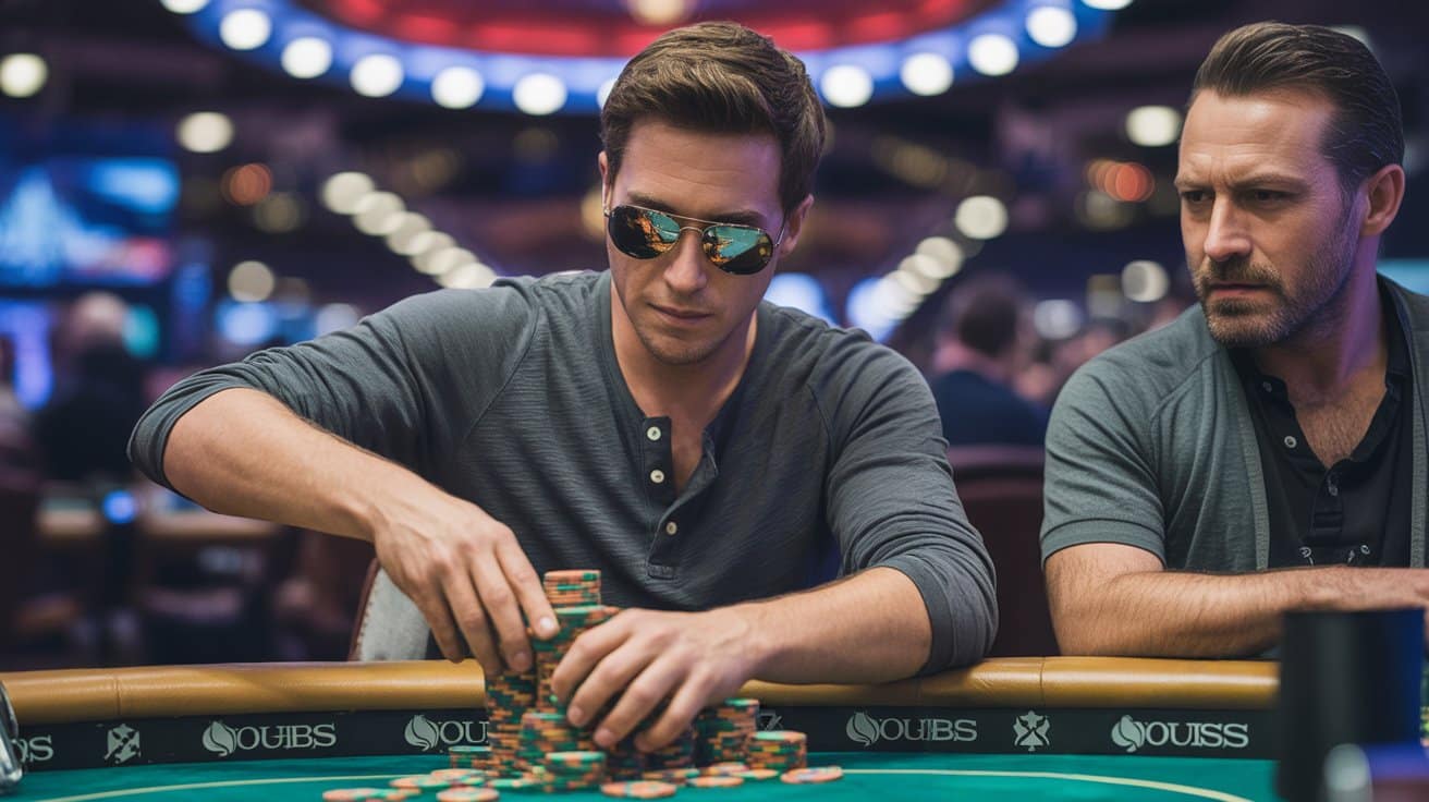 Poker igra? slaže ?ipove za stolom u kazinu, fokusiran i smiren tokom turnirske partije.