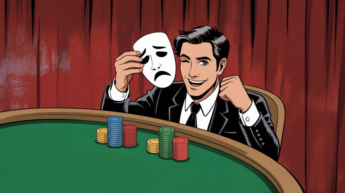 Poker igra? drži masku i namiguje, simboliziraju?i blef i skrivene namjere u igri.