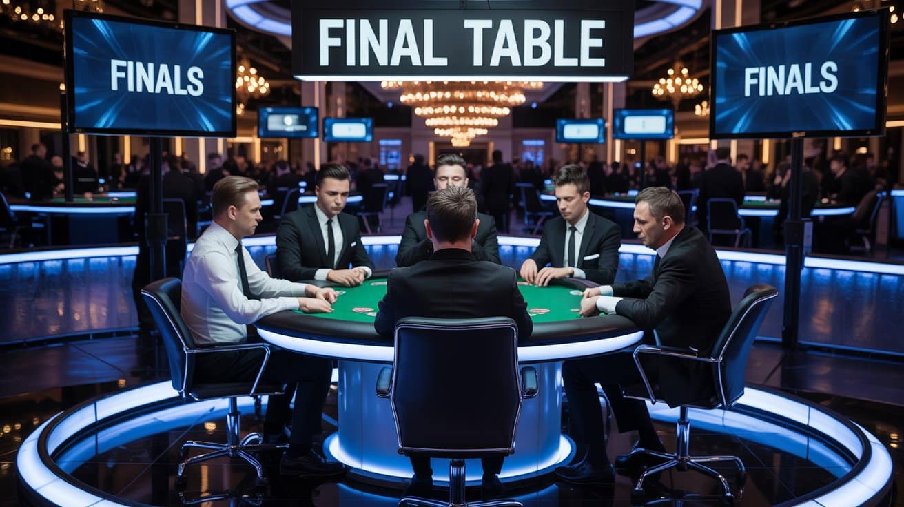 Profesionalni poker igra?i za finalnim stolom u elegantnom turnirskom okruženju sa plavim LED osvjetljenjem