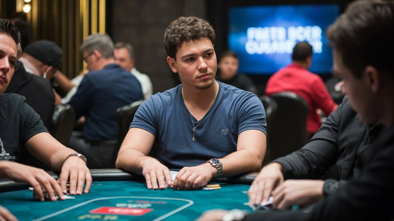 Poker igra? u plavoj majici tokom uživo turnira sa ?ipovima ispred sebe