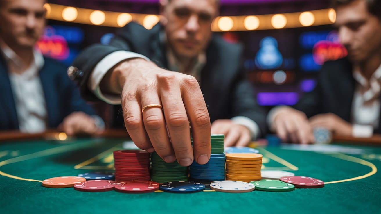 Poker igra? stavlja ?ipove u pot tokom odlu?ne opklade, protivnici prate akciju za stolom.