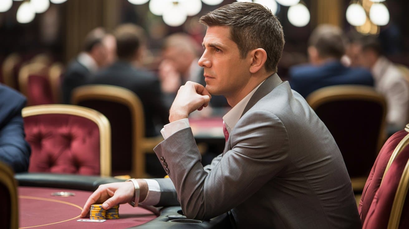 Poker igra? sjedi za stolom i razmišlja o narednom potezu, fokus na strpljenje i kontrolu.