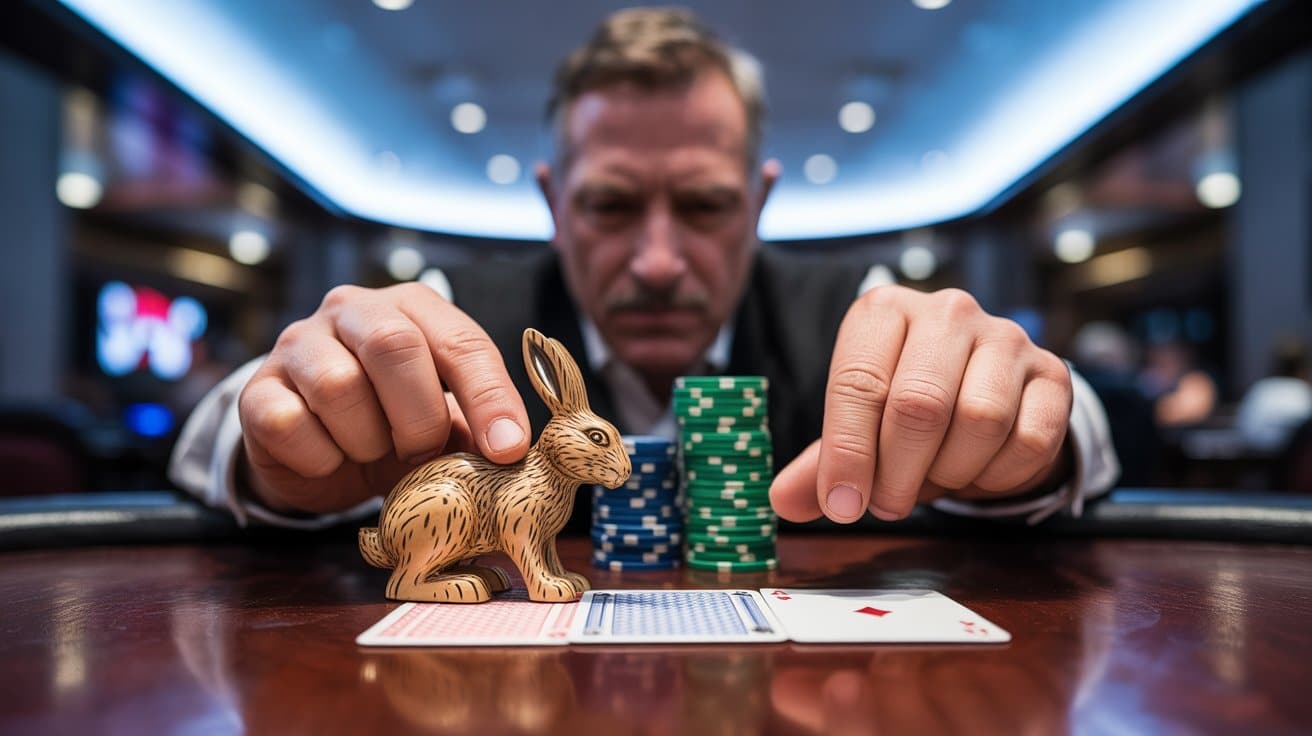 Igra? pokera nagnut nad stolom drži figuricu zeca kao sre?ni talisman pored žetona i karata.