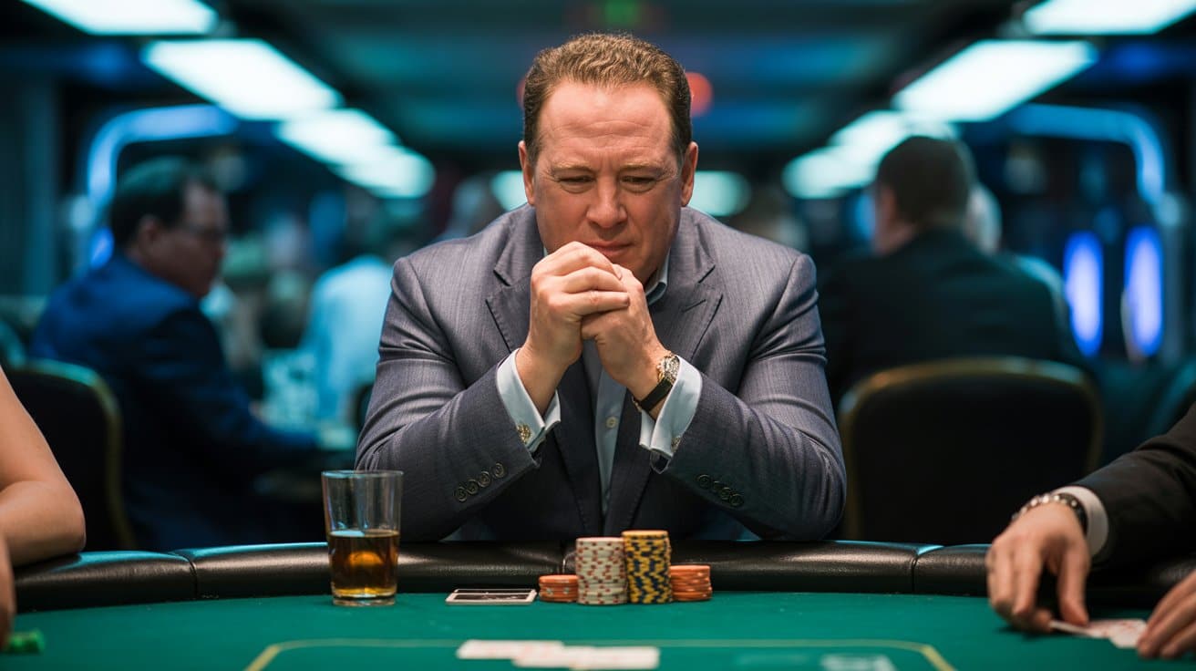 Koncentrisani igra? pokera u odijelu sjedi za zelenim stolom sa žetonima i ?ašom viskija ispred sebe.