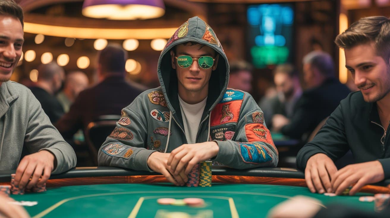 Mladi igra? pokera s kapulja?om i nao?alama sjedi za poker stolom okružen žetonima i ostalim igra?ima.