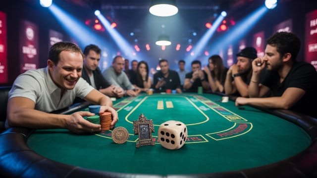 Nasmiješeni igra? pokera nagnut nad stolom drži žetone, okružen grupom igra?a u kazinu s talismanima na stolu.