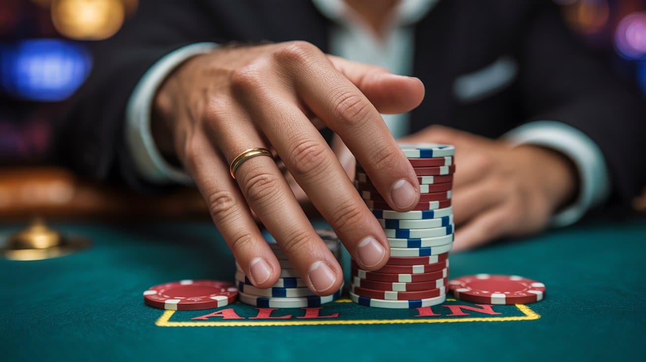 Ruka igra?a pokera u odijelu gura hrpu žetona prema natpisu All In na zelenoj podlozi stola.