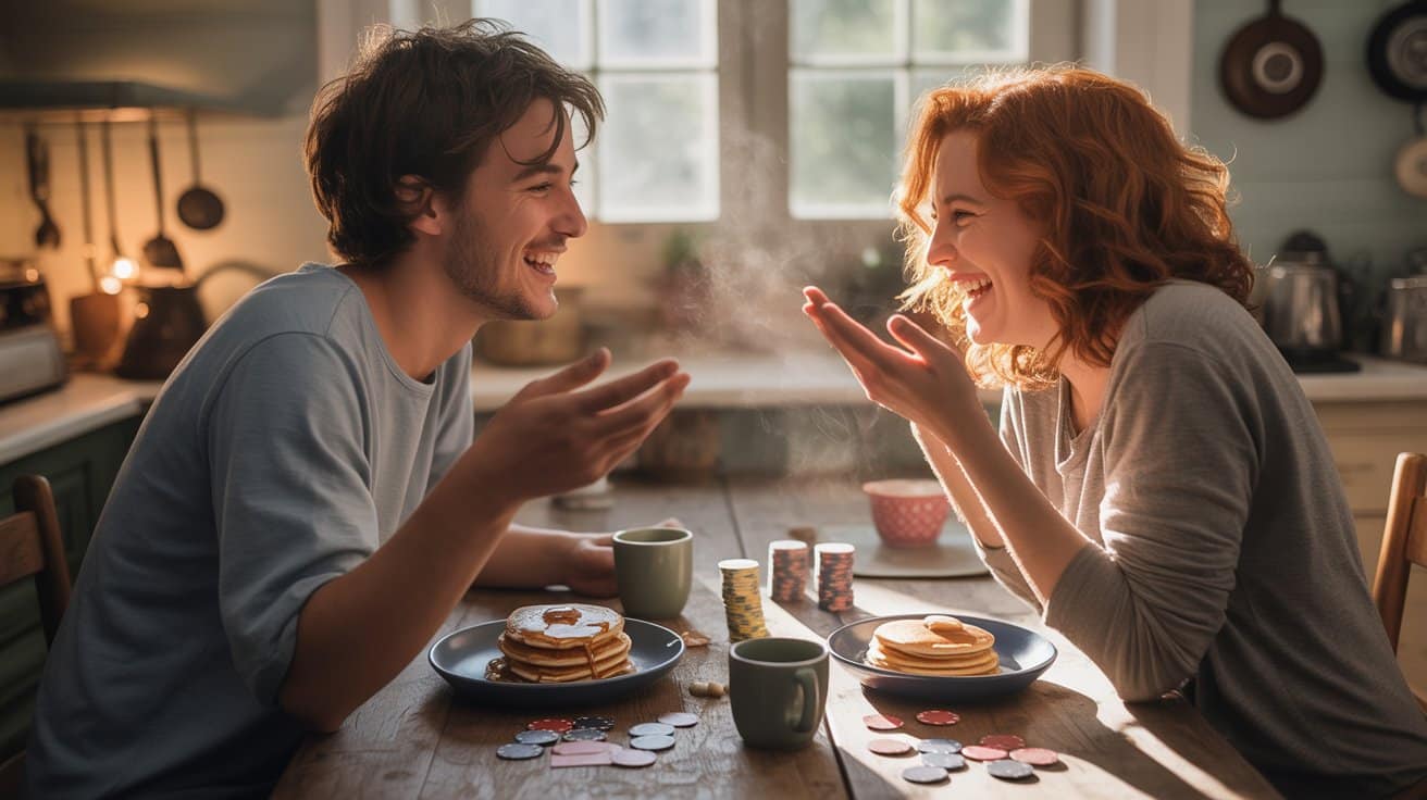 Dvoje prijatelja se smiju za kuhinjskim stolom na kojem su raspore?eni poker žetoni