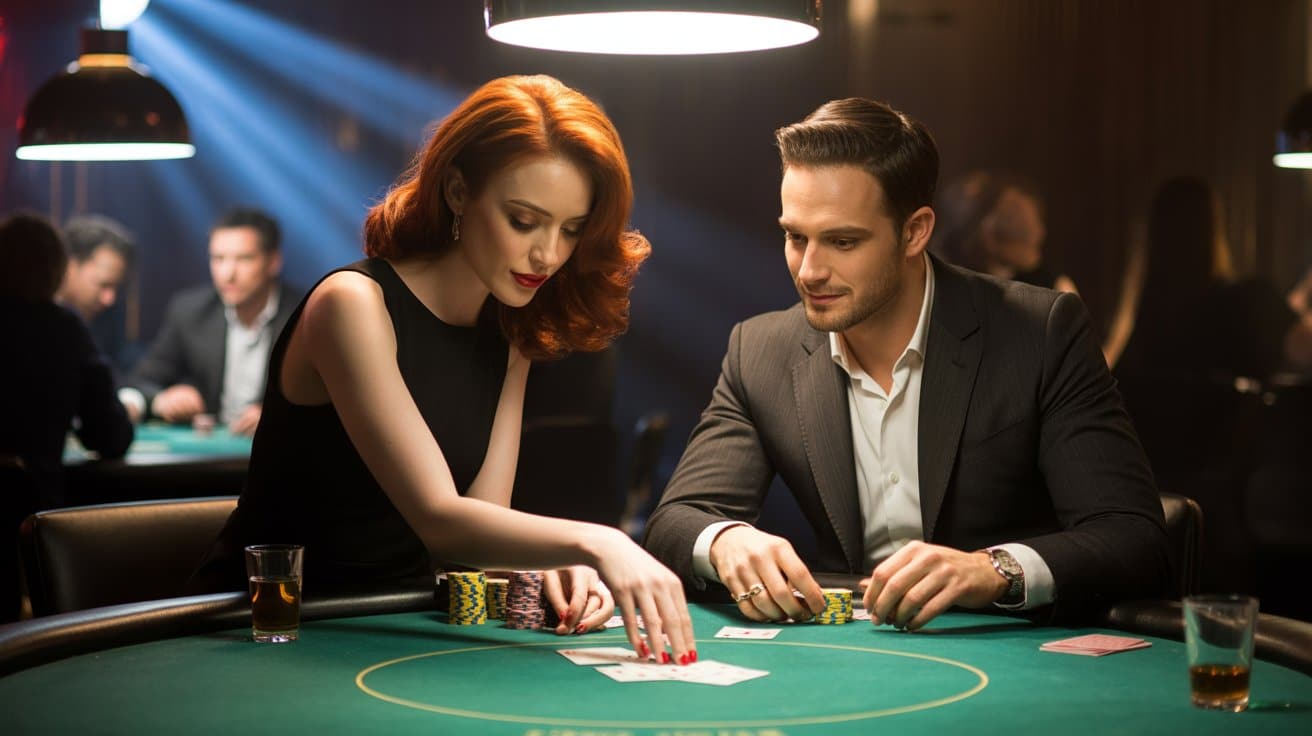 Žena i muškarac u elegantnoj odje?i zajedno gledaju karte za poker stolom u kasinu