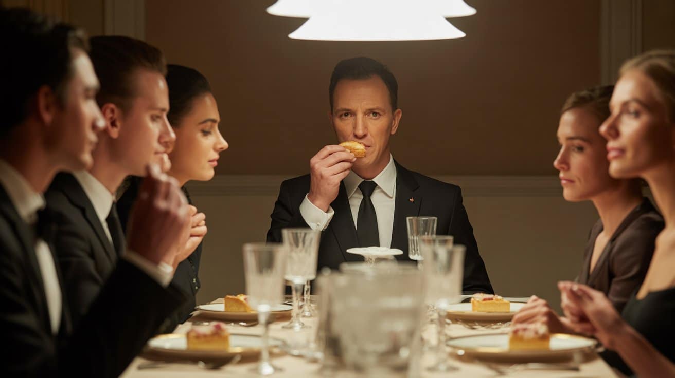 Elegantno odjeveni muškarac sjedi u centru stola okružen gostima koji ga promatraju dok jede, u formalnoj ve?ernjoj atmosferi.
