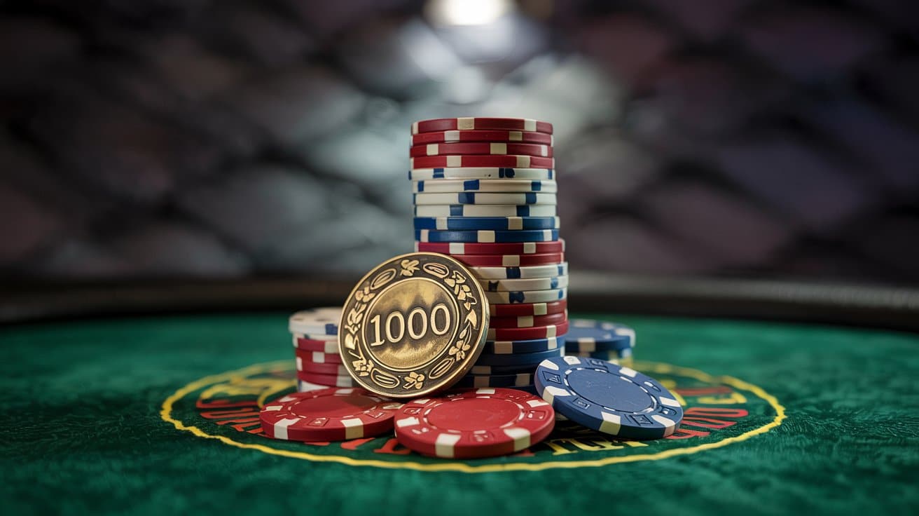 Veliki broj razbacanih i složenih poker žetona crvene, bijele i plave boje raspore?enih po sredini zelenog poker stola.