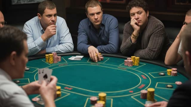 Grupa prijatelja igra poker za okruglim stolom, pažljivo posmatraju karte i žetone u napetoj atmosferi.