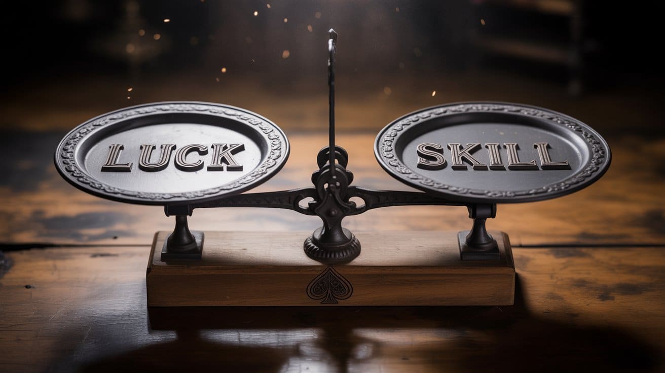 Metalna vaga s natpisima "Luck" i "Skill" na tacnama stoji na drvenom postolju s oznakom pika, simboliziraju?i ravnotežu izme?u sre?e i vještine u pokeru.