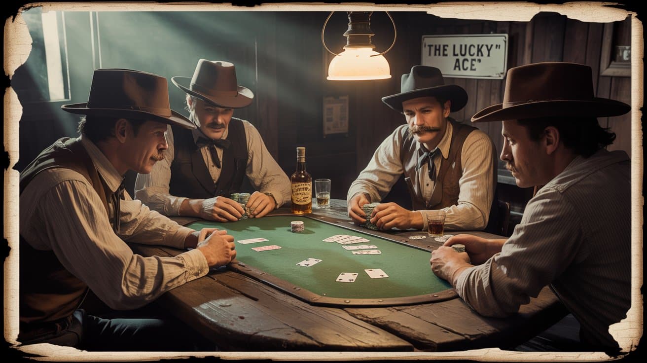 ?etvorica muškaraca u kaubojerskim šeširima igraju poker za rustikalnim stolom u zadimljenom salunu, uz bocu viskija i naftnu lampu iznad njih.