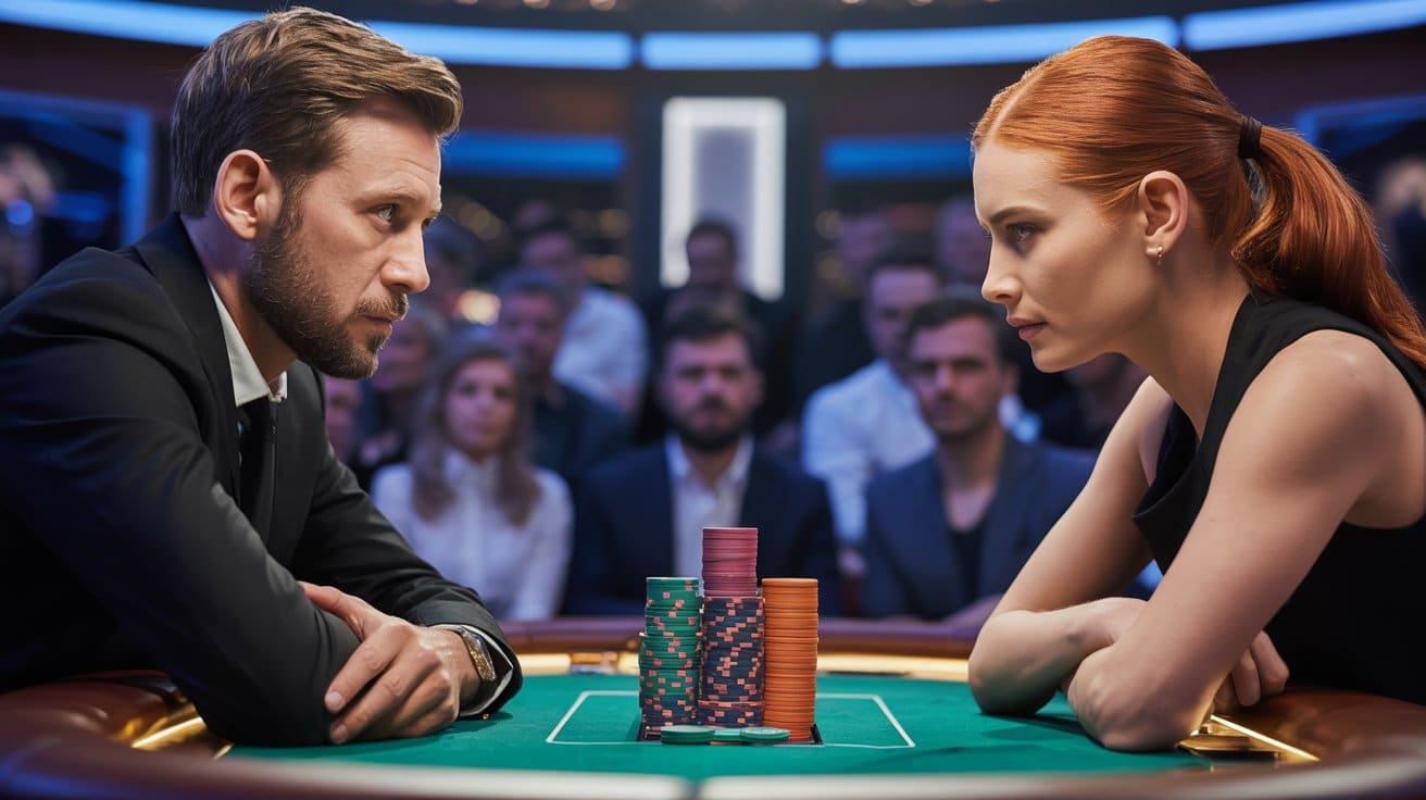 Muškarac i žena s crvenom kosom mjere se pogledom preko gomile žetona na poker stolu, okruženi publikom na turniru.