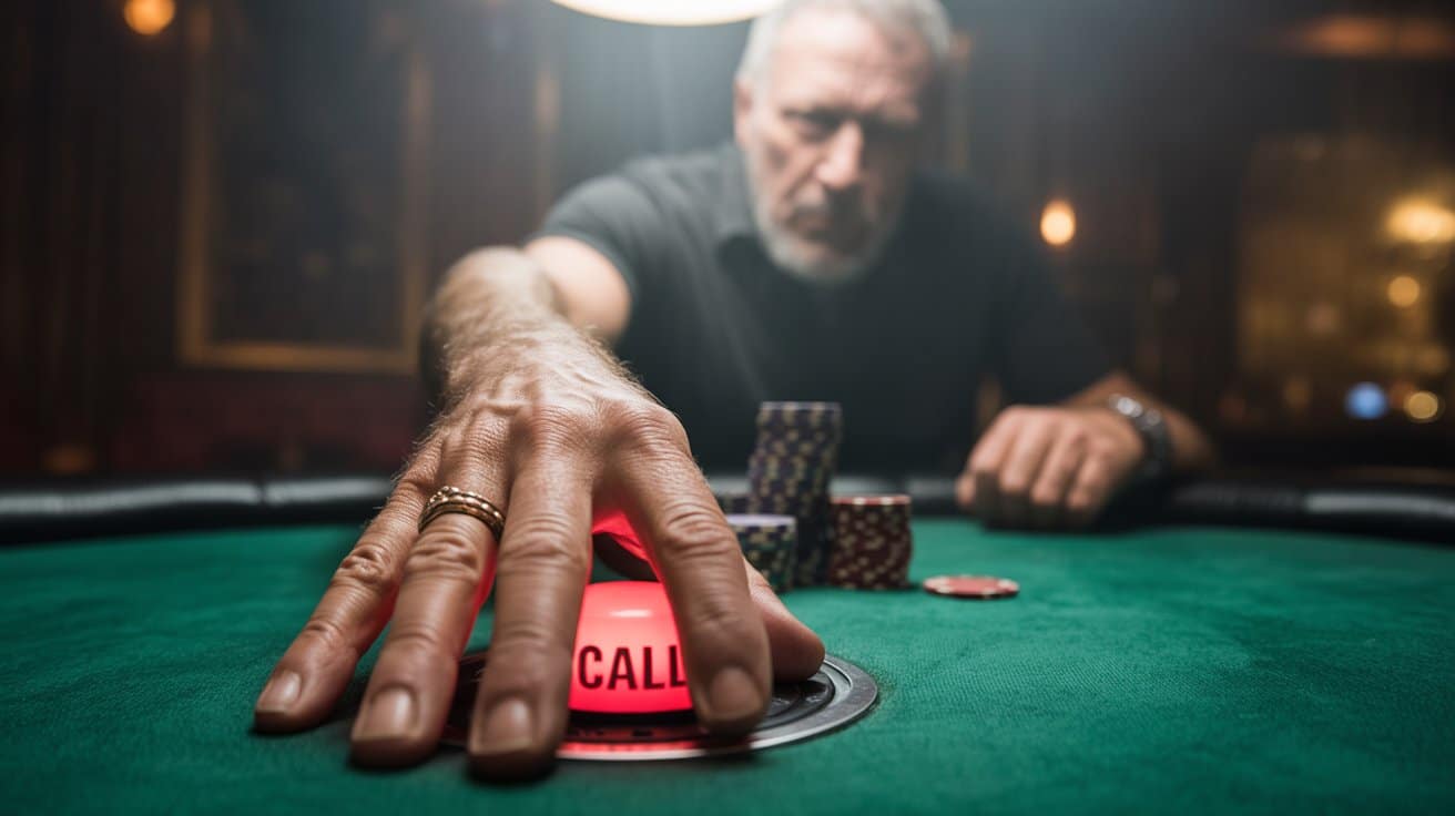 Stariji muškarac pritiska crveno dugme sa natpisom “CALL” za poker stolom, dok su žetoni složeni ispred njega.