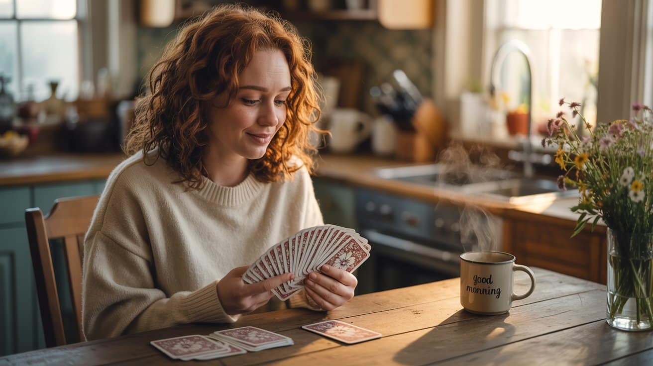 Žena s kovr?avom kosom miješa karte za kuhinjskim stolom uz šalicu kafe
